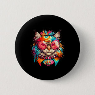 Psychedelic Peace Cat Colorful Hippie Retro Groovy Button
