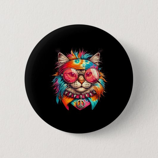 Psychedelic Peace Cat Colorful Hippie Retro Groovy Button (Vorderseite)