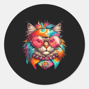 Psychedelic Peace Cat Colorful Hippie Retro Groovy Runder Aufkleber