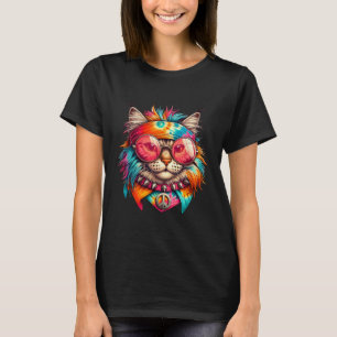 Psychedelic Peace Cat Colorful Hippie Retro Groovy T-Shirt