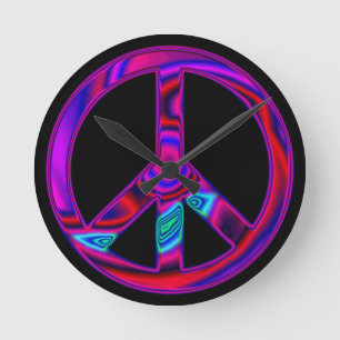 Psychedelic Peace Sign Black Runde Wanduhr