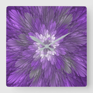 Psychedelic Purple Flower Abstract Fractal Art Quadratische Wanduhr