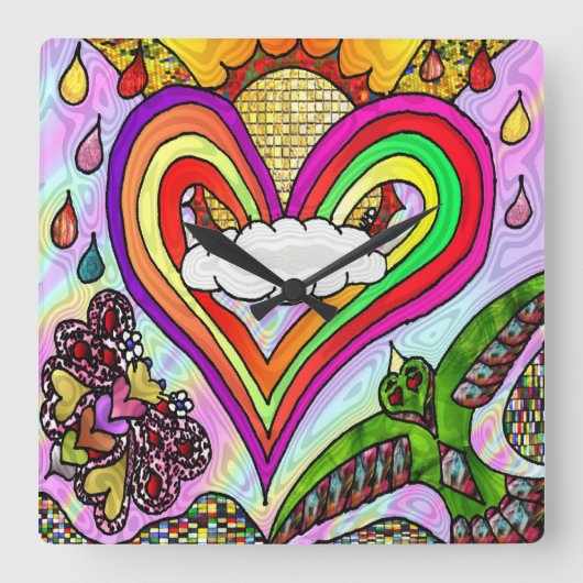 Psychedelic Rainbow Heart Art Print Quadratische Wanduhr (Vorderseite)