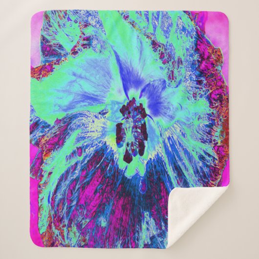 Psychedelic Retro Green und Blue Hibiskus Blume Sherpadecke (Vorderseite)