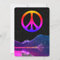 Psychedelic retro peace sign on lake in space