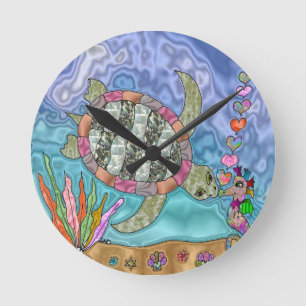 Psychedelic Sea Turtle Seahorse Art Runde Wanduhr