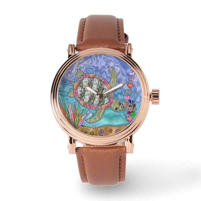 Psychedelic Sea Turtle Seepferd Art Designer Sehen Armbanduhr (Vorderseite)