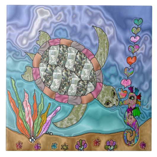 Psychedelic Sea Turtle Seepferd Art Fliese (Vorderseite)