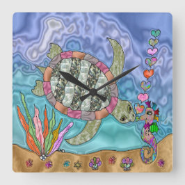 Psychedelic Sea Turtle Seepferd Art Quadratische Wanduhr