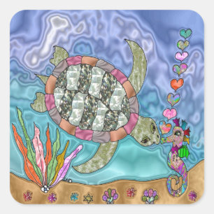 Psychedelic Sea Turtle Seepferd Art Quadratischer Aufkleber