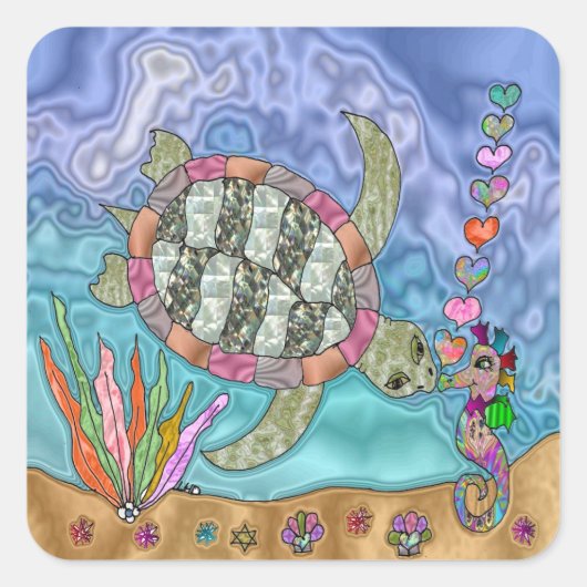 Psychedelic Sea Turtle Seepferd Art Quadratischer Aufkleber (Vorderseite)