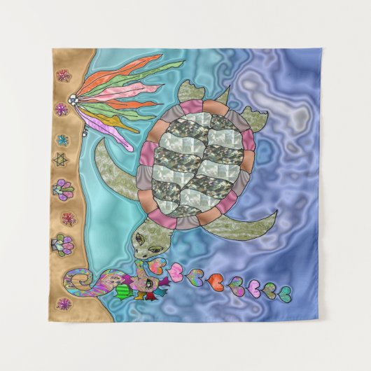 Psychedelic Sea Turtle Seepferd Art Wandteppich (Vorderseite (Horizontal))