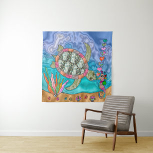 Psychedelic Sea Turtle Seepferd Art Wandteppich