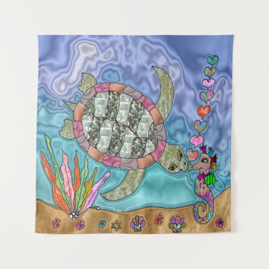 Psychedelic Sea Turtle Seepferd Art Wandteppich (Vorderseite)