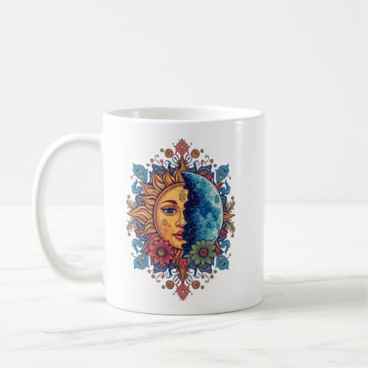 Psychedelic Sun and Moon Boho Floral Art Kaffeetasse (Links)