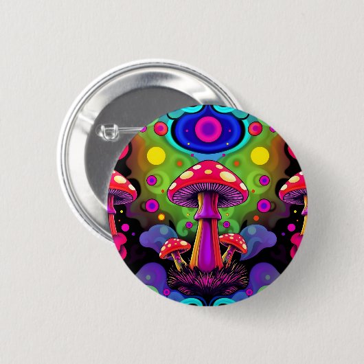 Psychedelic Vibrant Colorful Retro Mushrooms Button (Vorne & Hinten)