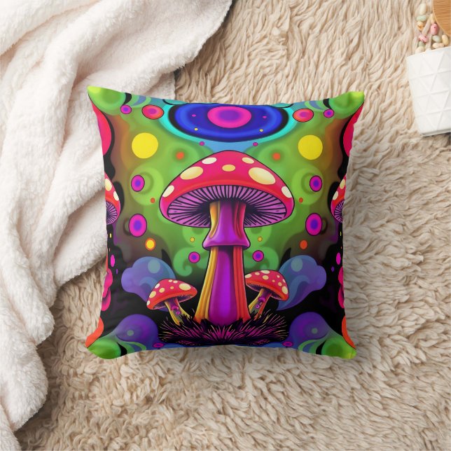 Psychedelic Vibrant Colorful Retro Mushrooms Kissen (Decke)