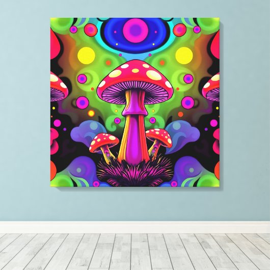 Psychedelic Vibrant Colorful Retro Mushrooms Leinwanddruck (Insitu (Holzboden))