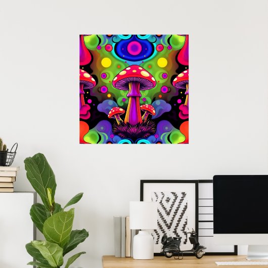 Psychedelic Vibrant Colorful Retro Mushrooms Poster (Heimbüro)