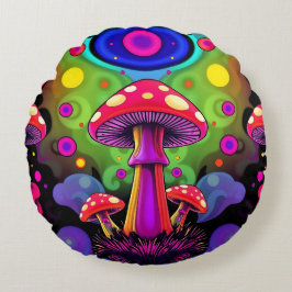 Psychedelic Vibrant Colorful Retro Mushrooms Rundes Kissen