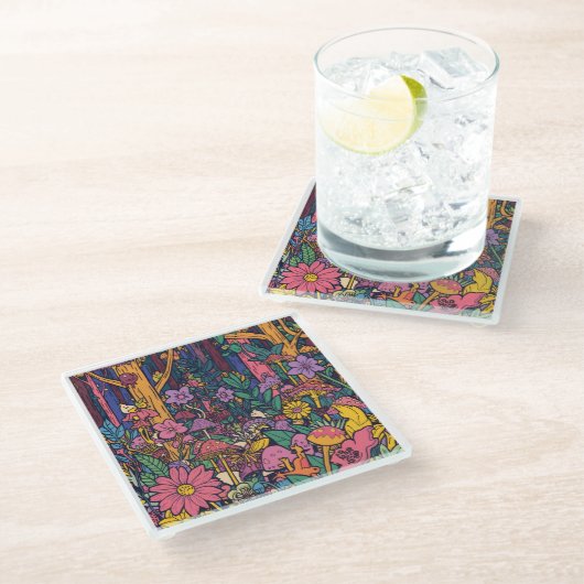 Psychedelic woodland glass coaster glasuntersetzer (Schrägansicht)