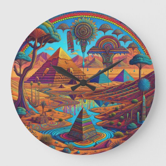 Psychedelisch-ägyptische Landschaft Große Wanduhr (Vorderseite)