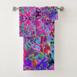 Psychedelisch farbige Rot- und Lila-Blumen Badhandtuch Set