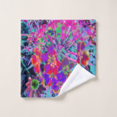 Psychedelisch farbige Rot- und Lila-Blumen Badhandtuch Set (Waschlappen)