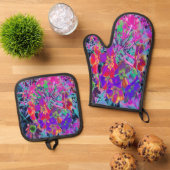 Psychedelisch farbige Rot- und Lila-Blumen Ofenhandschuh & Topflappen-Set (Oben Unten)
