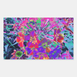 Psychedelisch farbige Rot- und Lila-Blumen Rechteckiger Aufkleber