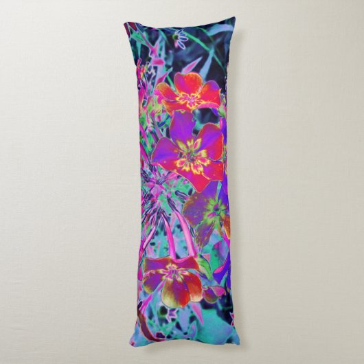 Psychedelisch farbige Rot- und Lila-Blumen Seitenschläferkissen (Rückseite (Vertikal))