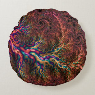 Psychedelisch Groovy Trippy Funky Farbige Fraktal Rundes Kissen