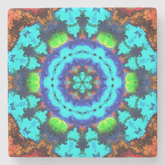 Psychedelisch Hippie Blume Blue Orange und Green Steinuntersetzer (Vorderseite)