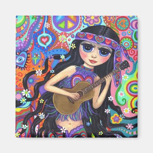 Psychedelisch Hippie Mermaid Girl mit Gitarrenfrie Magnet (Vorne)