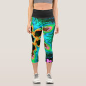 Psychedelisch Hippie Orange Blau und Schwarze Legg Capri Leggings (Vorderseite)