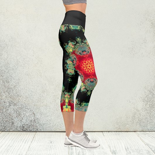 Psychedelisch Hippie Red Aquamarin und Schwarz Leg Capri Leggings