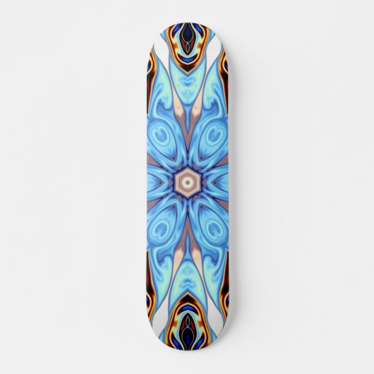 Psychedelisch Kaleidoskop Blume Blau und Orange Skateboard (Vorne)