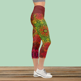 Psychedelisch Kaleidoskop Blume Grün und Rot Legg Capri Leggings