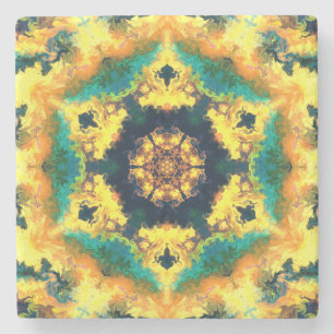 Psychedelisch Kaleidoskop Gelb Blau und Grün Steinuntersetzer