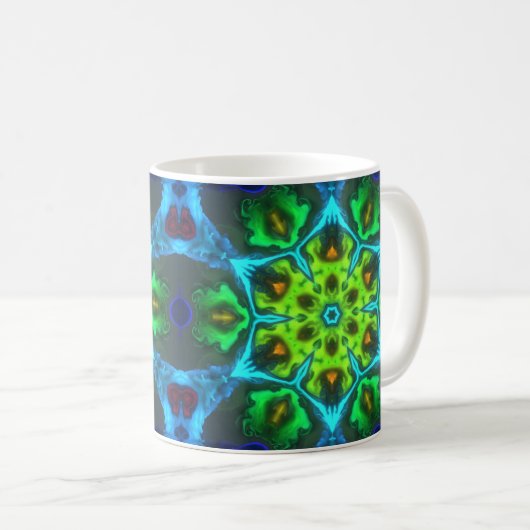 Psychedelisch Kaleidoskop Grün Blau und Orange Kaffeetasse (VorderseiteRechts)