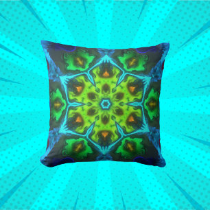Psychedelisch Kaleidoskop Grün Blau und Orange Kissen
