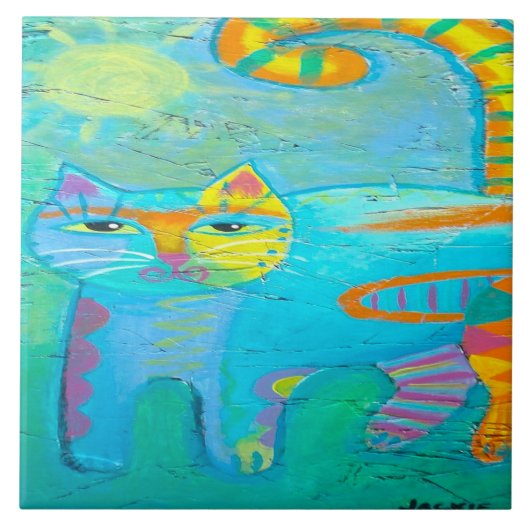Psychedelisch Kitty Abstrakt Cat Painting Fliese (Vorderseite)