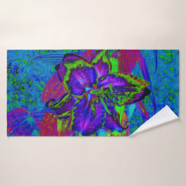 Psychedelisch Lila und Limettengrüne Lily-Blume Badehandtuch