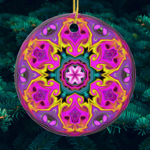 Psychedelisch Mandala Blume Blau Rosa und Gelb Keramik Ornament