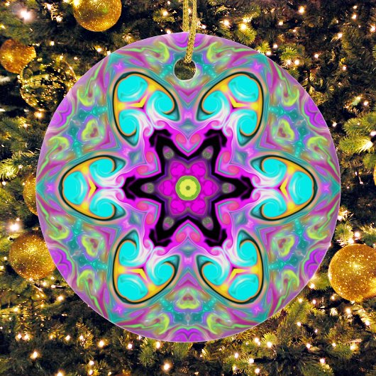 Psychedelisch Mandala Blume Blau Rosa und Gelb Keramik Ornament