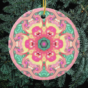 Psychedelisch Mandala Blume Grün Rosa und Gelb Keramik Ornament