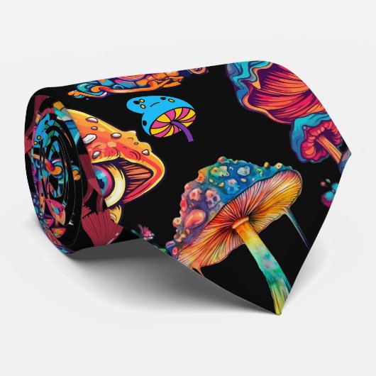 Psychedelisch Mushroom Muster 3D Black BG Krawatte (Gerollt)