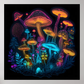Psychedelisch Mushroom Poster Neon Bright Dunkle G