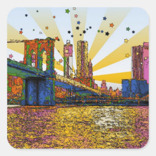 Psychedelisch New York City: Brooklyn Bridge, WTC  Quadratischer Aufkleber