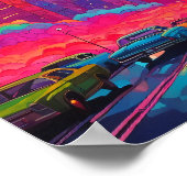 Psychedelisch Pink Blue City Cars Poster (Ecke)